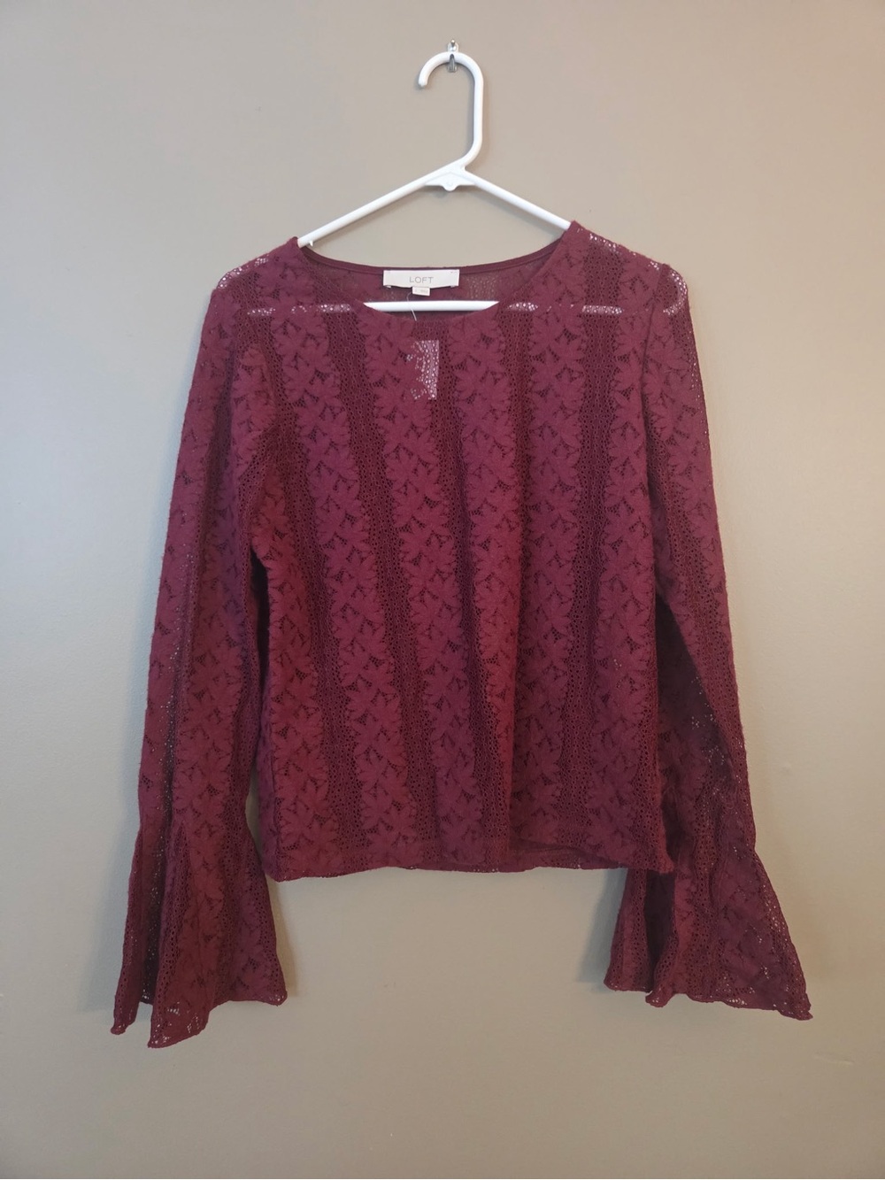 LOFT Burgundy Crochet Bell Sleeve Long Sleeve Top